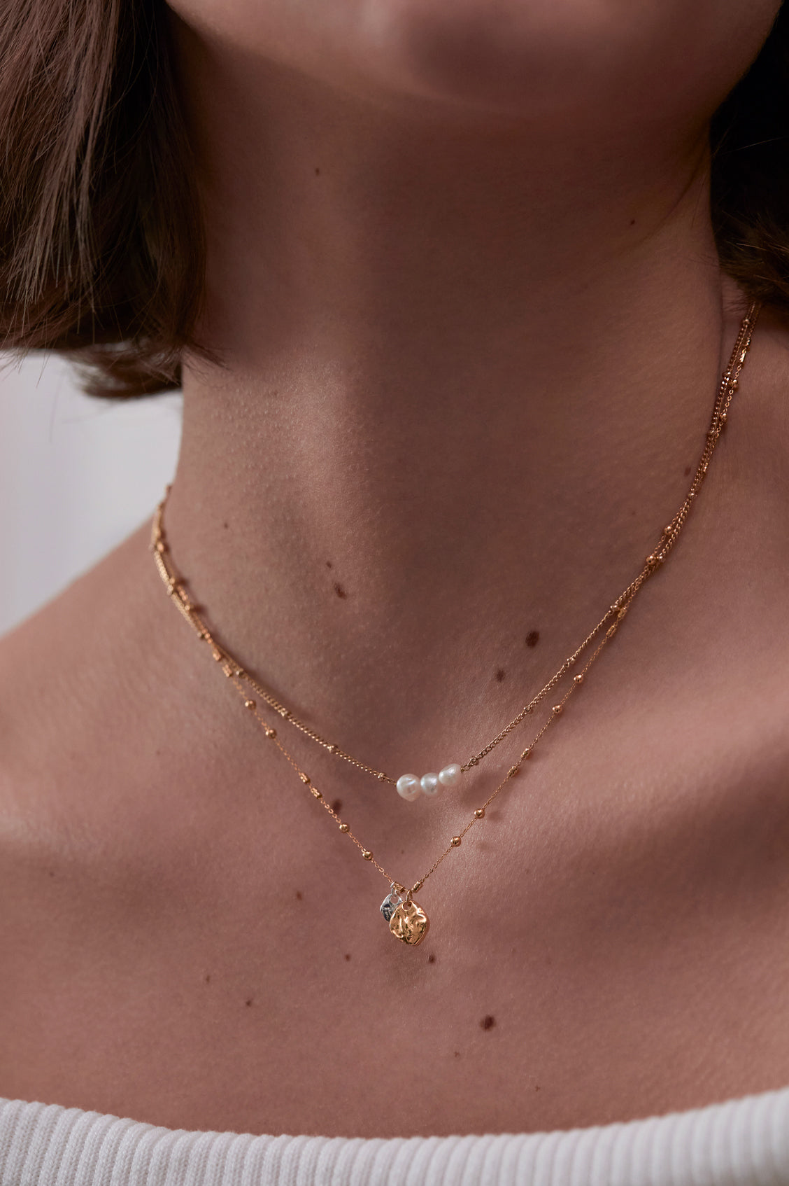 Gold Triple Beaded Chain and Pebble Necklace