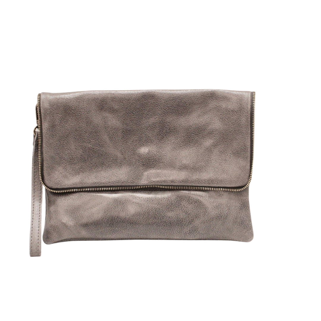 light grey leather clutch bag