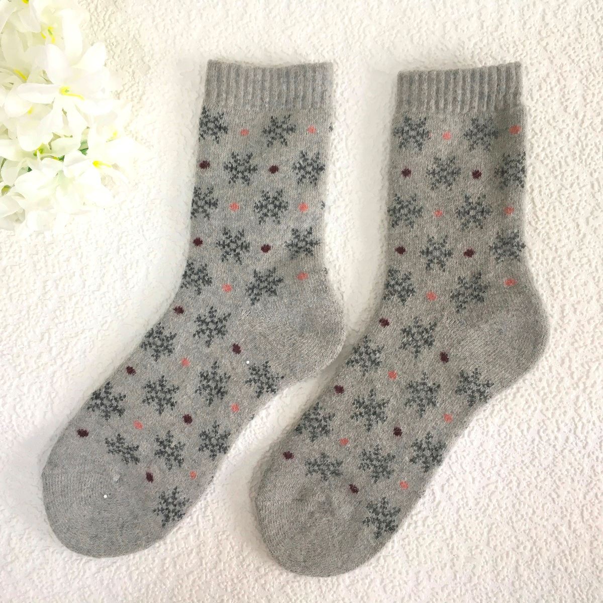 light grey snowflake woollen socks