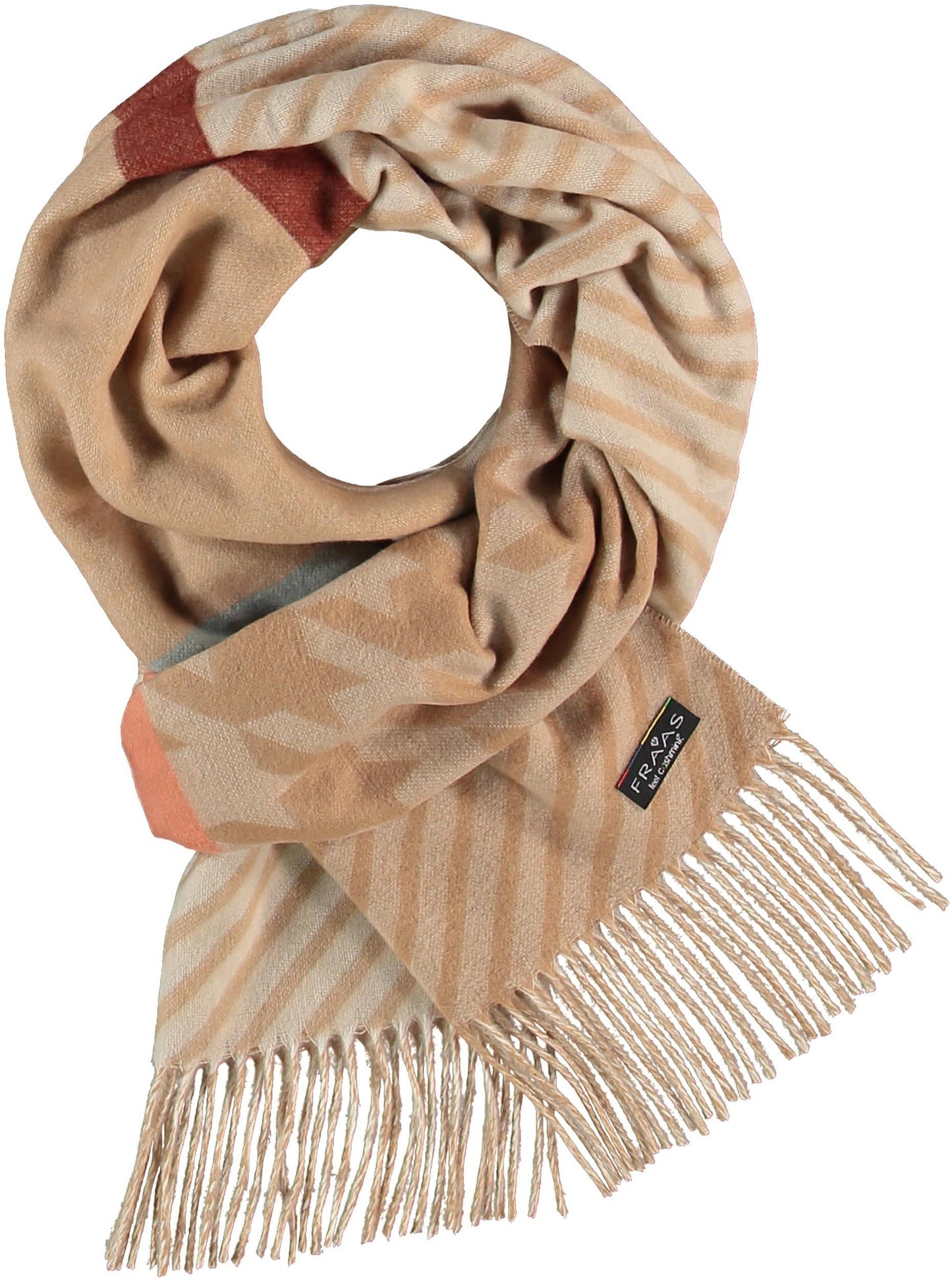 cream herringbone scarf, red, green stripe