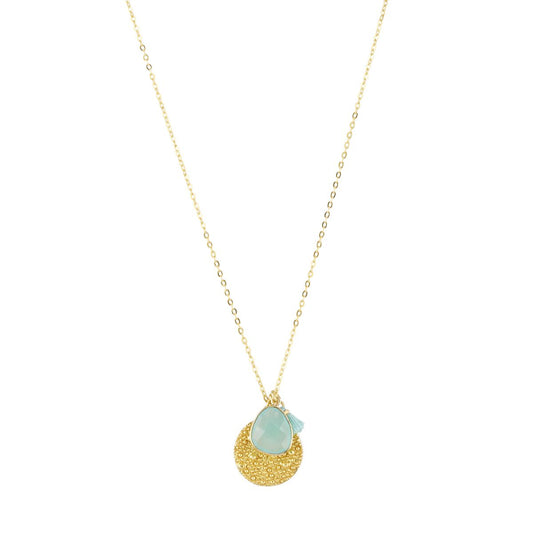 Spell coin charm necklace with Aqua Chaldedony stone