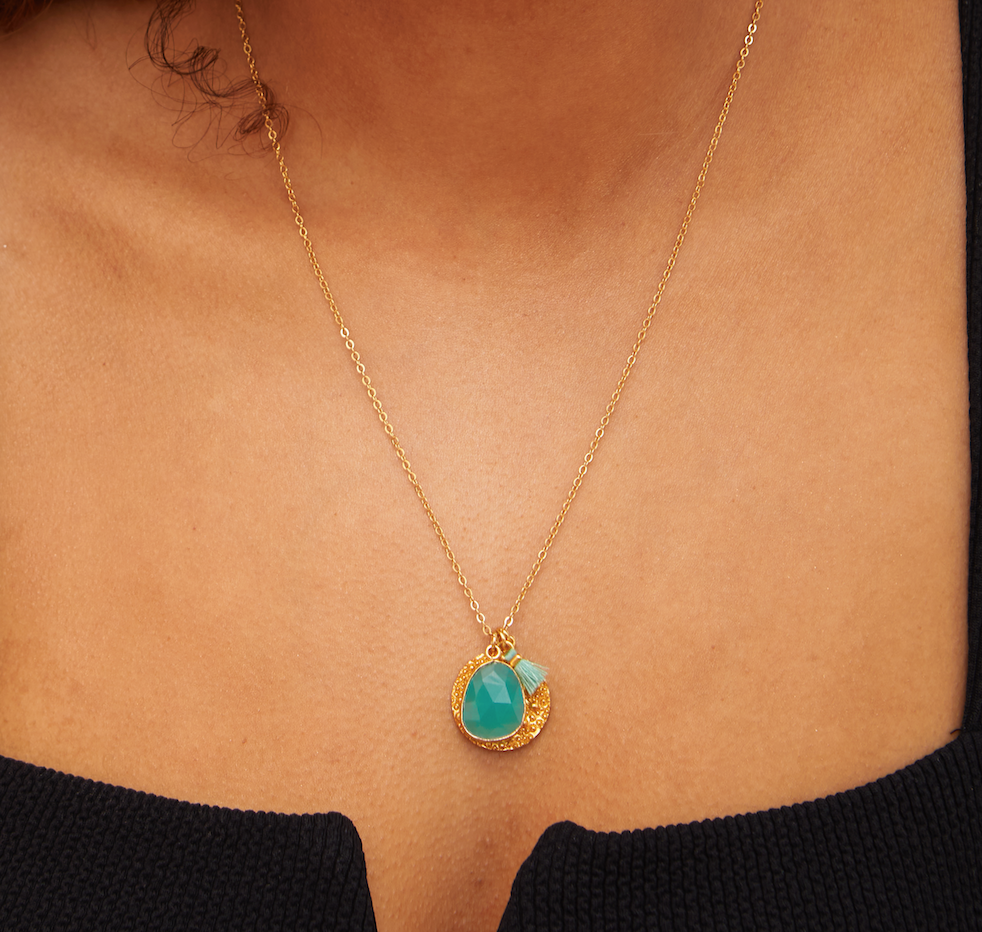 Spell coin charm necklace with Aqua Chaldedony stone