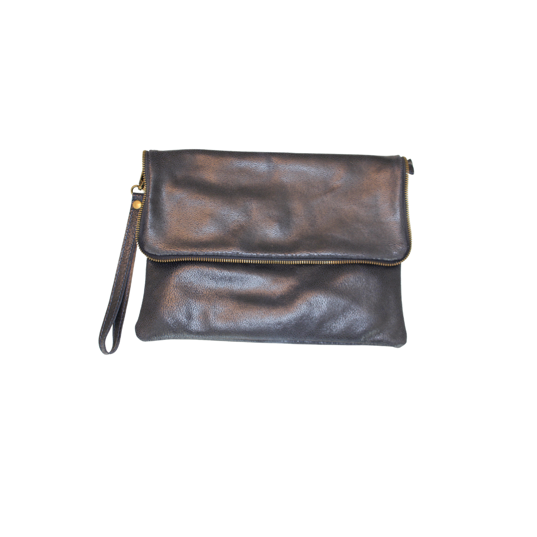 black leather foldover clutch