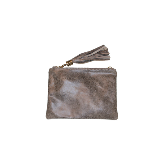 Grey Leather Clutch Bag with Tassel