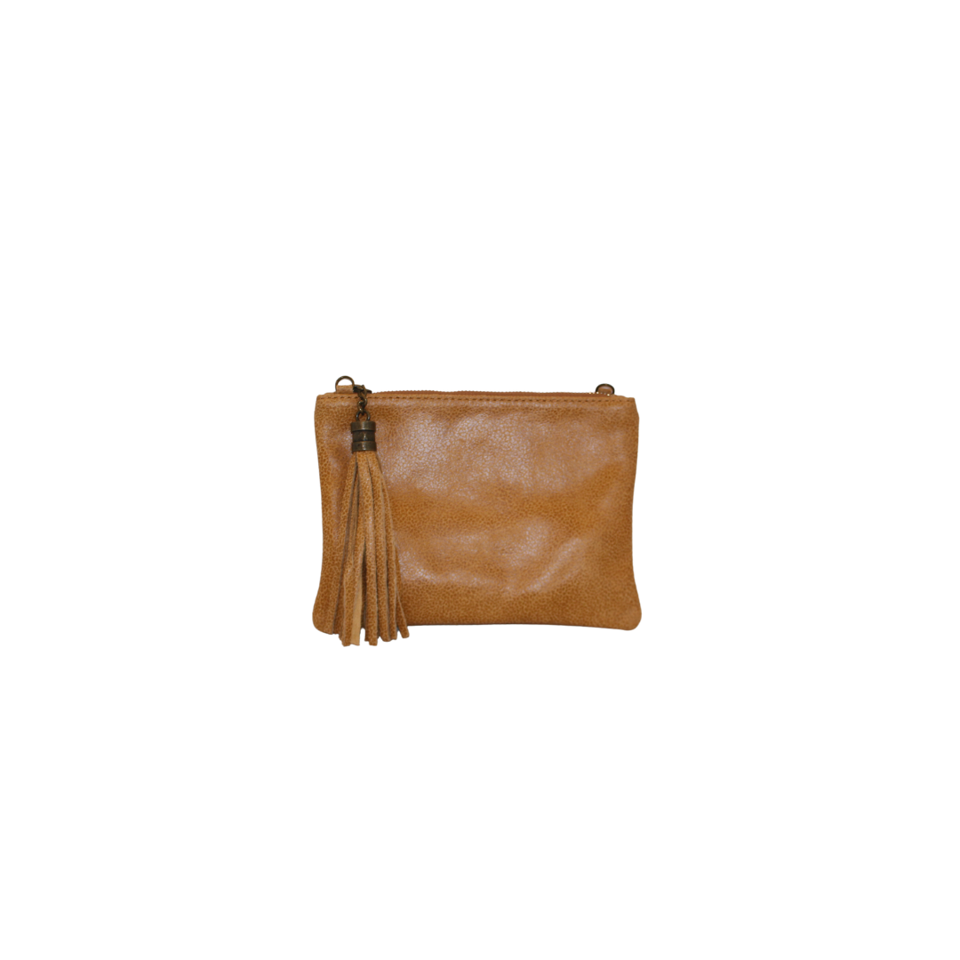 Tan real Leather clutch tassel bag