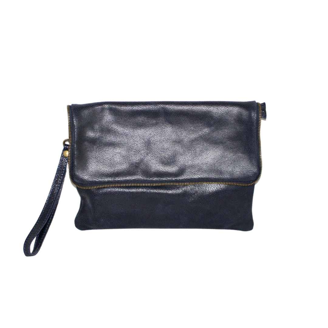 Navy Real Leather Clutch Bag